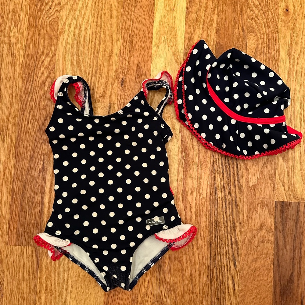 Navy & White Polka Dot 1 Piece Swimsuit Swim Hat Red Bow Size 2 Azul Swimwear 2t